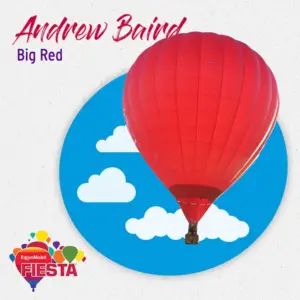 A bright red hot air balloon against a cartoon sky with clouds; features text and Fiesta logo in the corners.