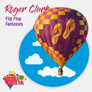 A colorful hot air balloon with flip-flop designs is floating against a blue sky with clouds. Text: