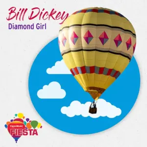 A colorful hot air balloon with diamond patterns floats against a blue sky, representing the ExxonMobil Fiesta event.