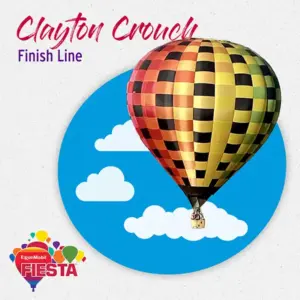 A colorful hot air balloon floats in a blue sky with clouds. Text reads