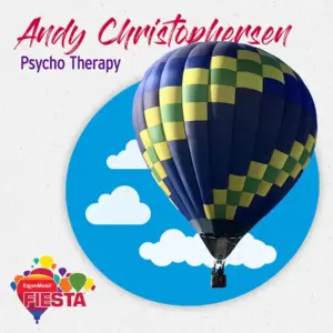 A colorful hot air balloon floats against a blue sky illustration with clouds, featuring