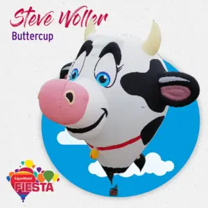 A hot air balloon shaped like a cartoon cow, named Buttercup, featured against a blue sky with clouds, promoting ExxonMobil Fiesta.