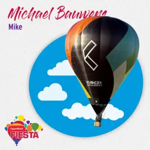 A colorful hot air balloon floats against a cartoon sky.