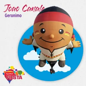 A cartoon-style hot air balloon features a smiling character dressed in traditional attire, against a blue sky.