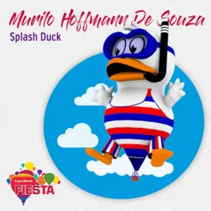 Cartoon duck in striped swimsuit and goggles, featured in a round sky-blue backdrop with clouds, promoting ExxonMobil Fiesta event with colorful logo.