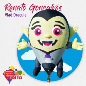 Cartoonish vampire hot air balloon with exaggerated features on a bright background. Text includes