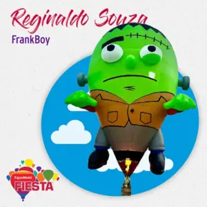 A cartoonish Frankenstein hot air balloon with the name “FrankBoy” by Reginaldo Souza, part of an ExxonMobil Fiesta event.