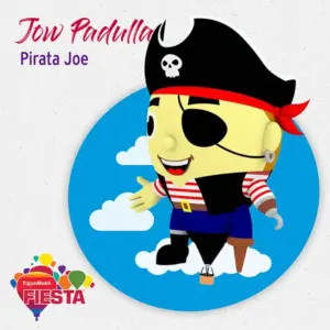 A cartoon pirate character with an eyepatch and peg leg, standing on blue, surrounded by fluffy clouds. Labeled
