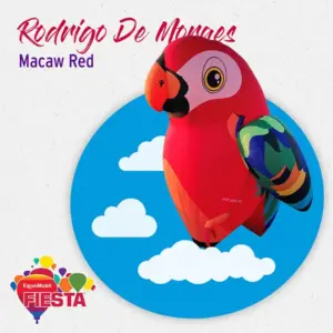 Colorful macaw-shaped balloon against a blue sky with clouds, promoting the ExxonMobil Fiesta event. Bright text and logos enhance the festive theme.