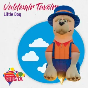 Hot air balloon shaped like a dog wearing overalls and a hat, with blue sky and clouds graphic background, promoting ExxonMobil Fiesta.