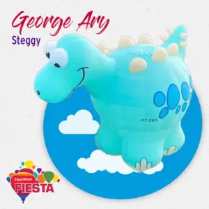 A colorful, cartoonish dinosaur hot air balloon with clouds background, labeled