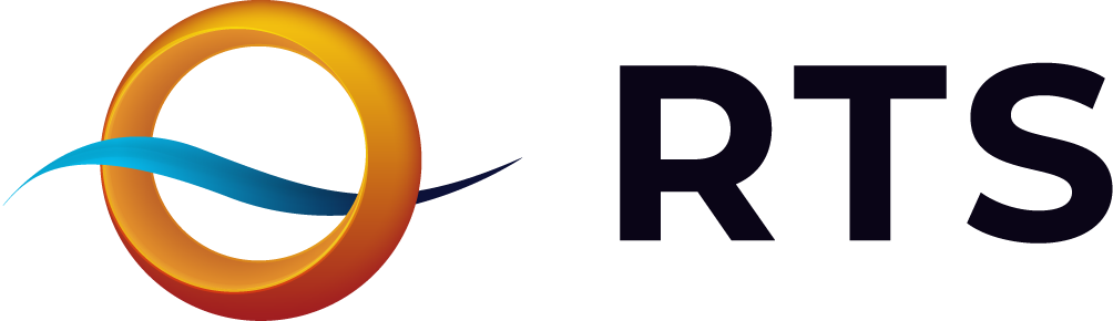 Logo featuring a circular design with an orange outer ring and a blue wave, next to stylized black letters spelling "RTS."