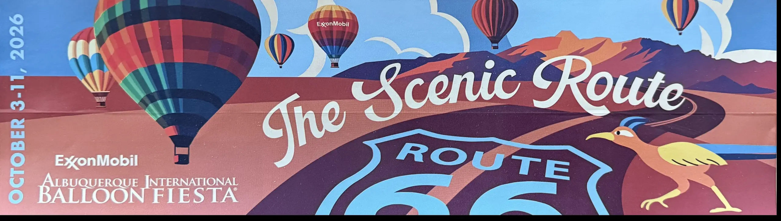 2026 Bumper sticker Colorful hot air balloons above Route 66 illustration promote the 2026 Albuquerque International Balloon Fiesta with a scenic background and vibrant design.