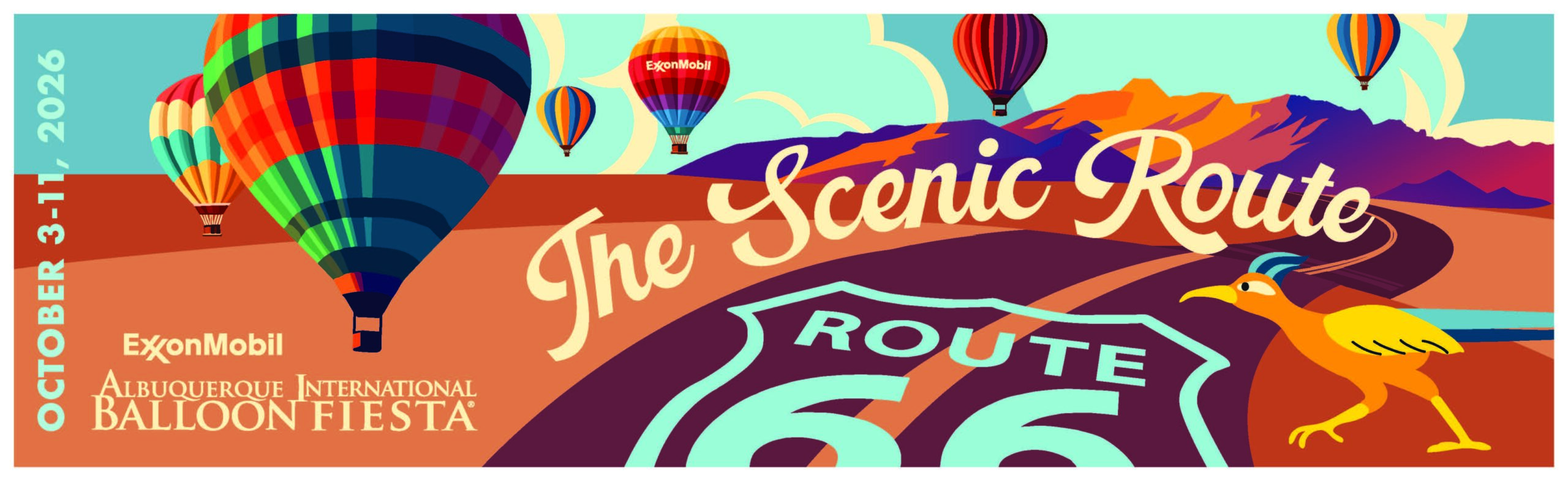 2026 Bumpersticker Final Route 66 theme poster for Albuquerque International Balloon Fiesta, featuring colorful hot air balloons, mountains, and a roadrunner, October 3-11, 2026.