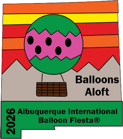 A colorful balloon with a basket against a mountain sunset. Text reads "Balloons Aloft" and "2026 Albuquerque International Balloon Fiesta®."