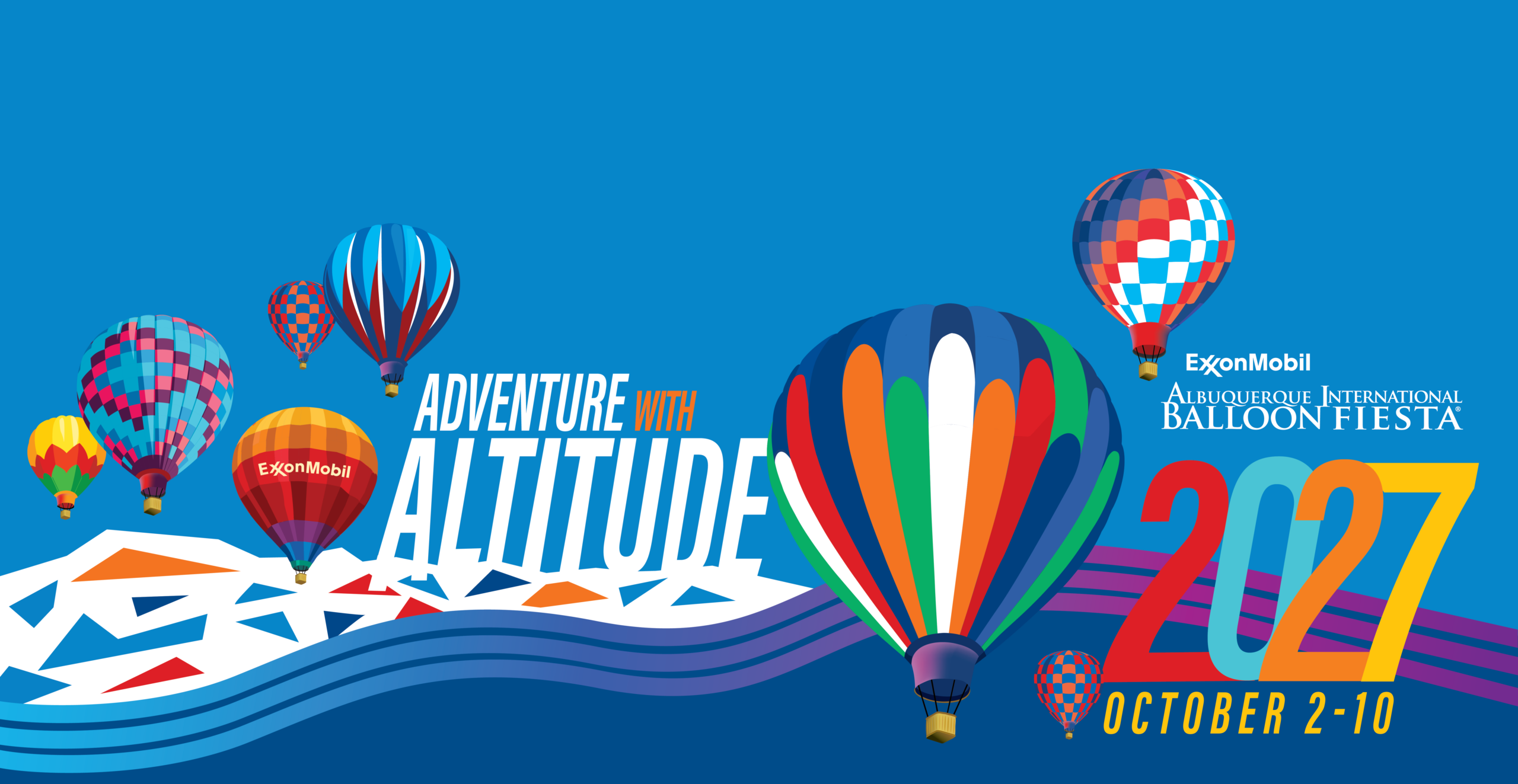 Colorful hot air balloons float over Route 66 mountains, under a bright sky, promoting the Albuquerque International Balloon Fiesta, October 3-11, 2026.
