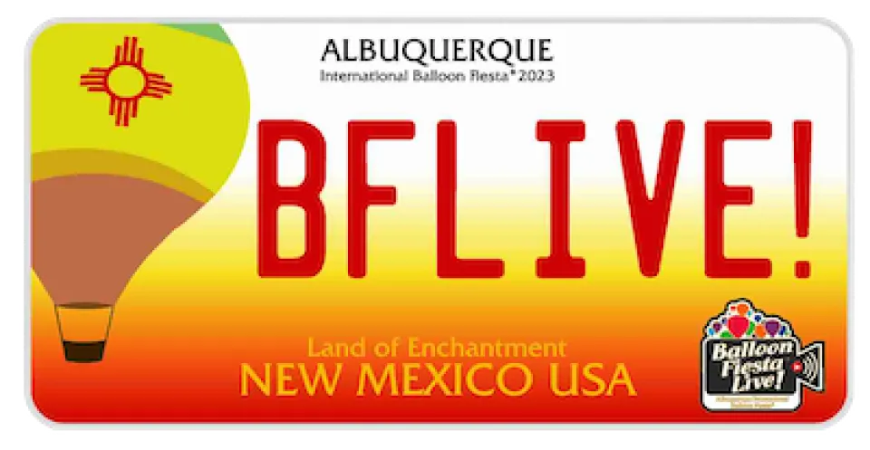 BFLIVE!-license-plate License plate with Albuquerque International Balloon Fiesta 2023, featuring a hot air balloon and vibrant logo with "BFLIVE!" and "New Mexico USA" text.
