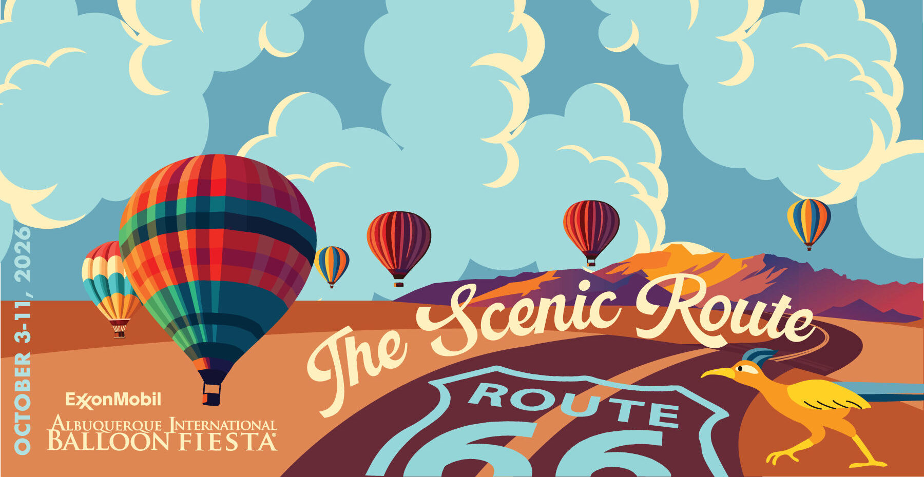 Colorful hot air balloons float over Route 66 mountains, under a bright sky, promoting the Albuquerque International Balloon Fiesta, October 3-11, 2026.