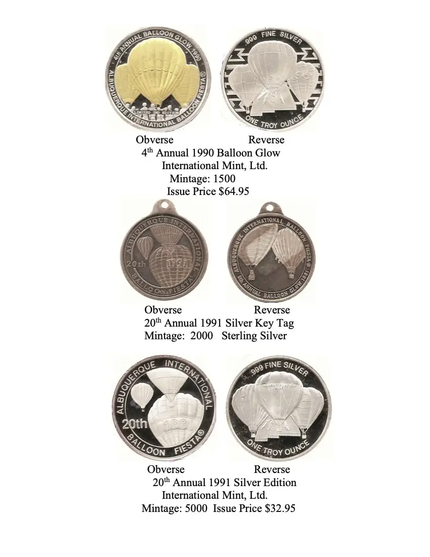 Commemorative coins for Albuquerque International Balloon Fiesta feature hot air balloon designs with event details and mintage numbers. Silver editions by International Mint.