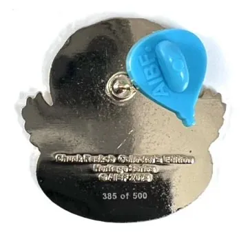 Silver collectible pin backfeaturing a blue balloon design and engraved text. Limited edition, numbered 385 of 500, labeled CAILEB2023.