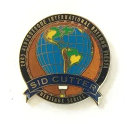 2005-Honoree-Sid-Cutter Pin for the 2005 Albuquerque International Balloon Fiesta, featuring a globe-shaped hot air balloon and "Sid Cutter Heritage Series."